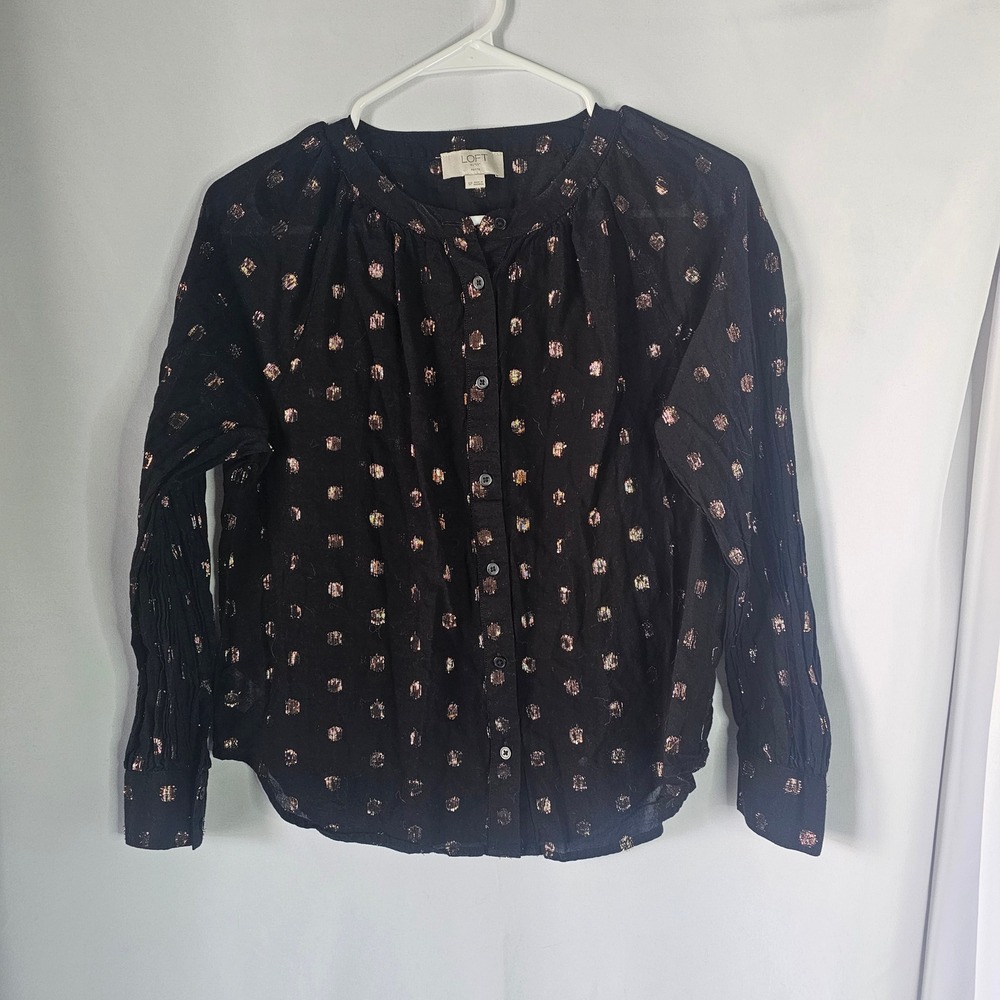 LOFT Outlet Petite Small Black Rose Gold Metallic Polka Dot Button‎ Down Blouse